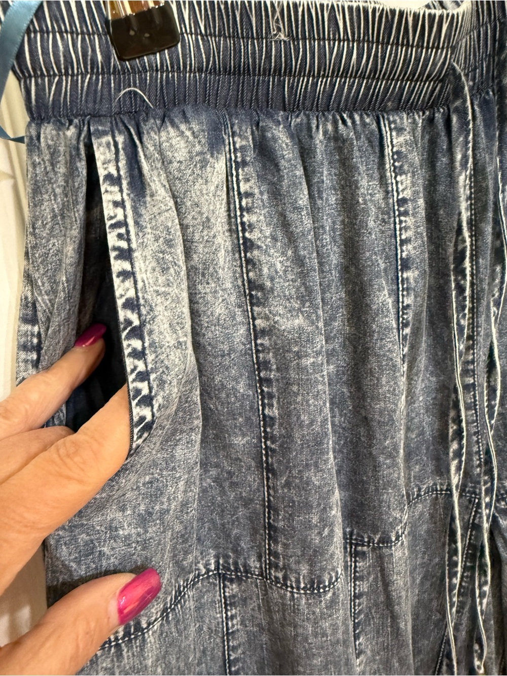 H034 NWT Blue Velvet L w14-20 Boho Patchwork Wide-Leg Denim Pants Blue Cream - Picture 5 of 12